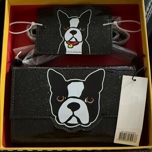 Chic Black Glitter Dog Face Wallet Set